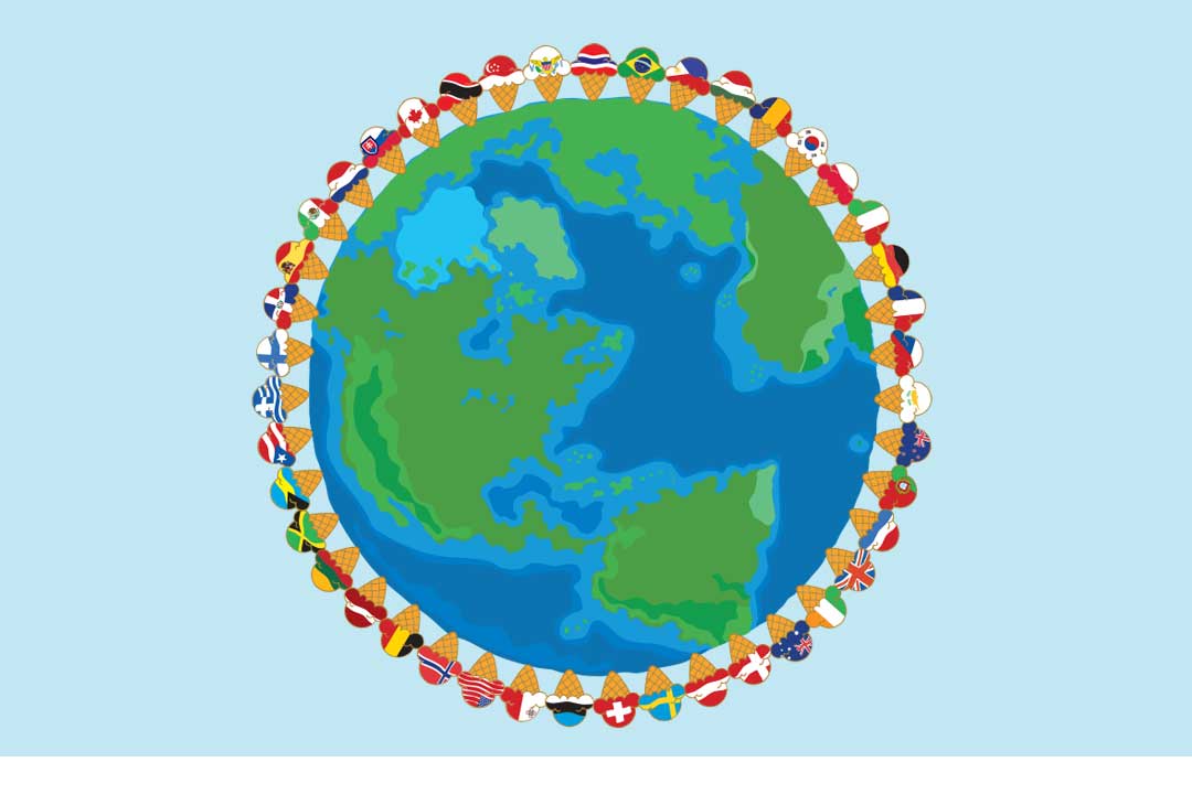 An illustrated Earth surrounded by cones with international flags instead of ice cream