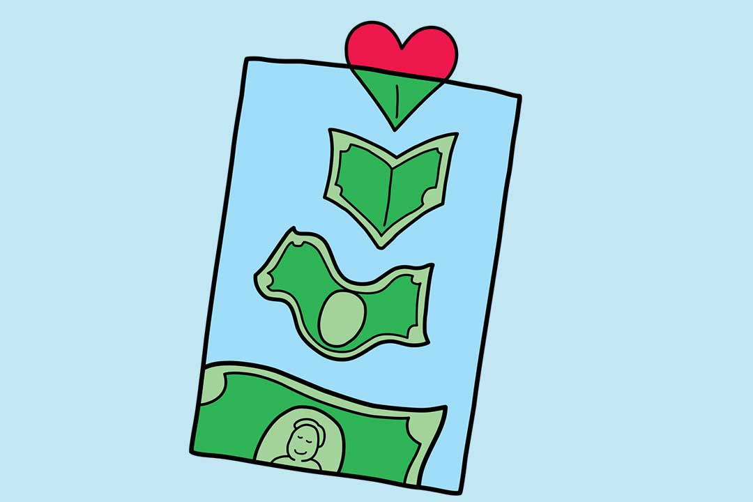 하트 모양의 돈이 봉투에 들어가면서 달러 지폐로 변함